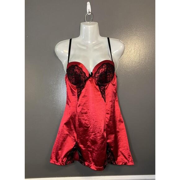 Black Fuchsia Babydoll Chemise Womens Large Red Satin Lace Lingerie Nightgown - Picture 1 of 9